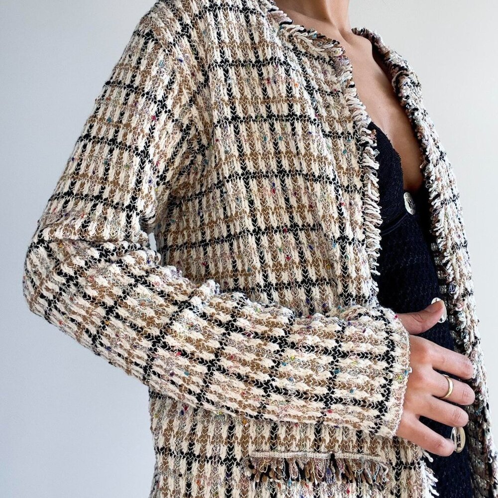 Cream & black plaid tweed metallic fringe blazer cardigan | Size XL - Picture 4 of 8